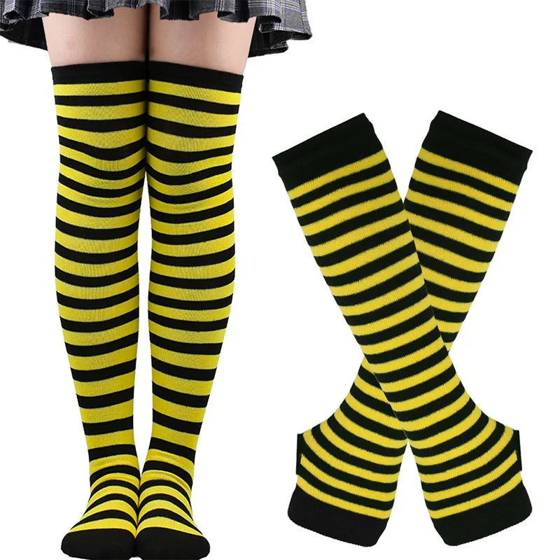 Women Girls Over Knee Long Stripe Thigh Cotton Gothic Lolita Socks Qme black yellow One Size