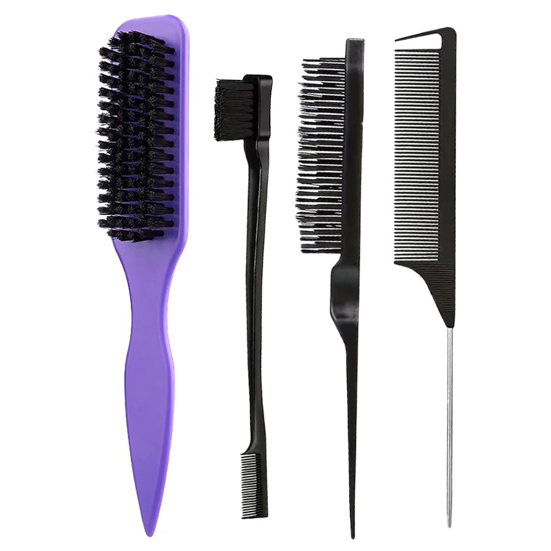 Boar Bristle Slick Back Hair Brush for Sleek Ponytail Bun & Smoothing Baby Hairs, Flyaways, Edge Control - Backcombing & Teasing Qme 4PCS Purple Set