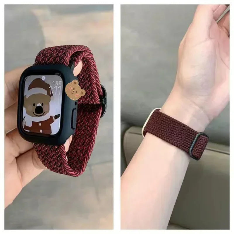 Korean Cute Braied Strap + Case For Apple Watch Band 49mm 41mm 45 44 38 42 Nylon Bracelet For iWatch Series 9 8 7 6 5 4 3 SE 40 Qme
