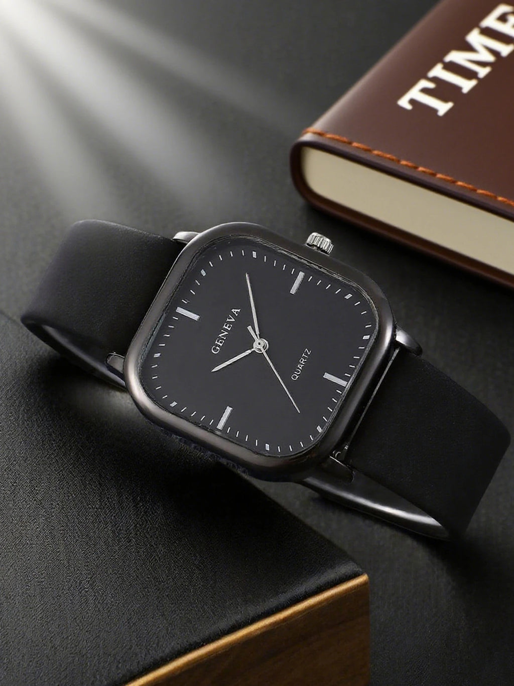 All Black Simple Square Dial Ladies Leather Watch, Fashion Minimalist No Numeral Design Quartz Wristwatch Gift for Students Qme