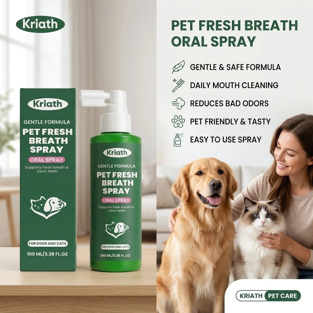 Kriath Pet Fresh Breath Oral Spray Removing Plaque Buildup Eliminate Bad Odor Relieve Oral Discomfort Pet Teeth & Gum Care Mist Qme