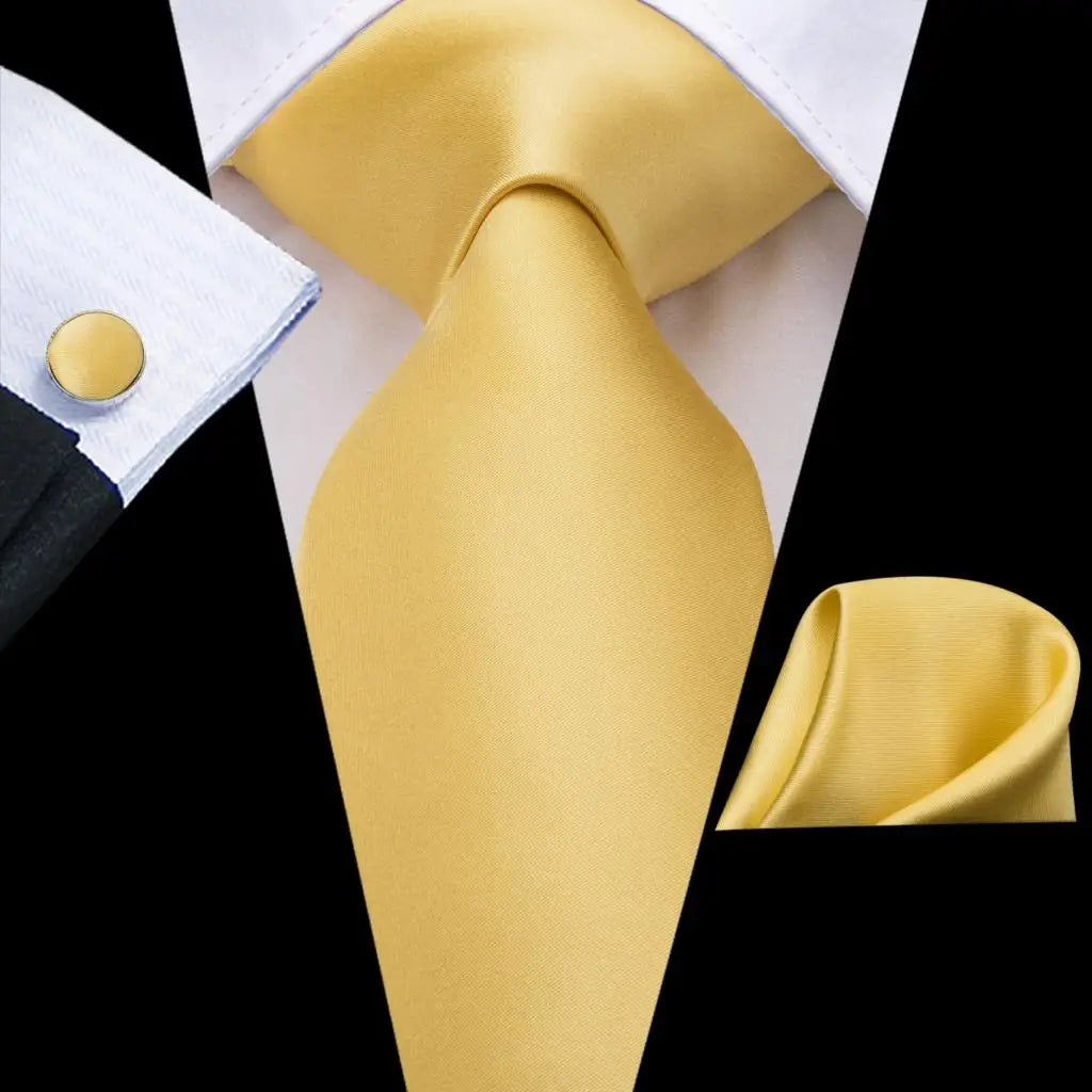 Solid Gold Yellow Ties Men Handky Cufflinks Fashion Men's Tie Wedding
