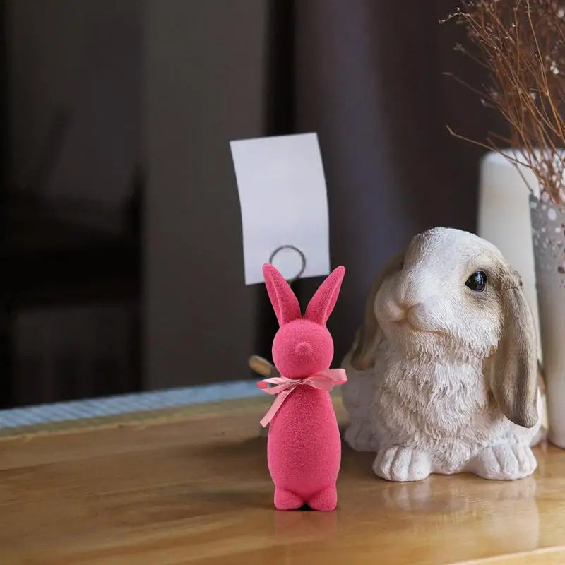 Easter Bunny Flocked Small Decorative Standing Rabbit Statues Bow Tie Qme