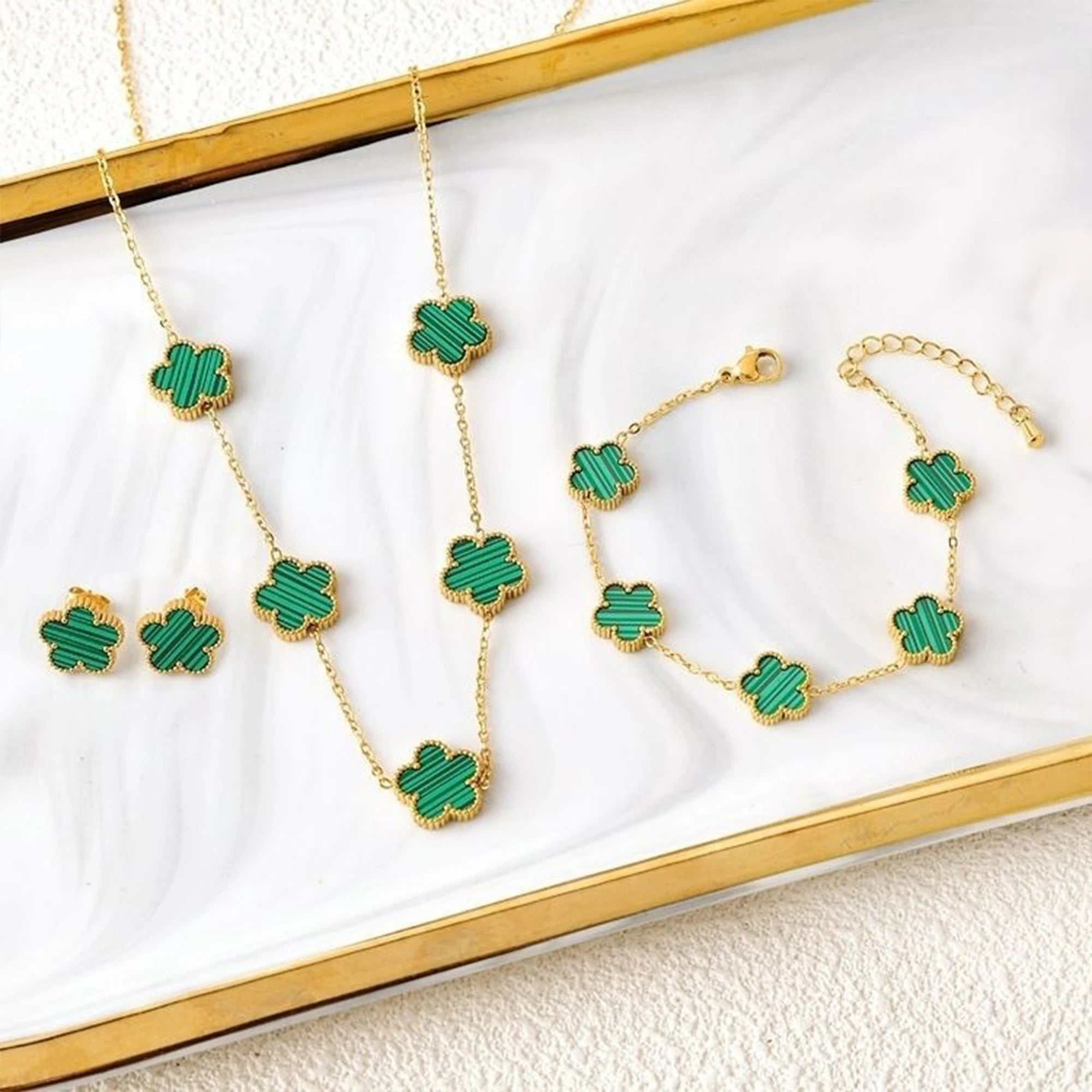 Clover Five Leaf Flower Stainless Steel Bracelet Necklace Earrings Jewelry Set Luxury for Women High Quality Party Jewelry Gift Qme 4