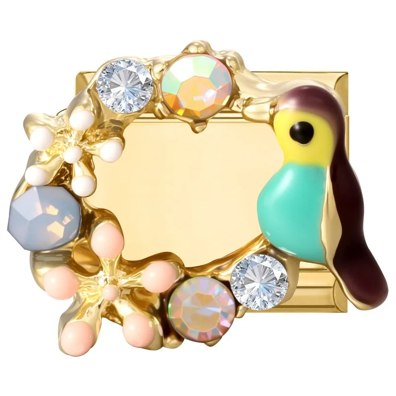 2026 Colorful Garland Flower Bird Luxury Pearl Zircon Gold Color Italian Link Fit 9mm Stainless Steel Charm Jewelry DIY Bracelet Qme Style 32