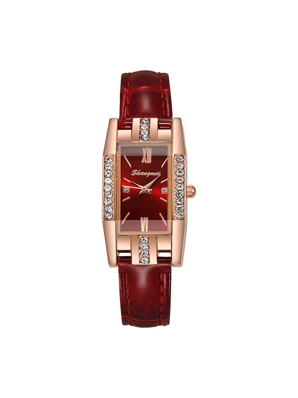 2-piece fashionable casual women's small red watch fashionable versatile diamond studded Roman numeral women's set Qme