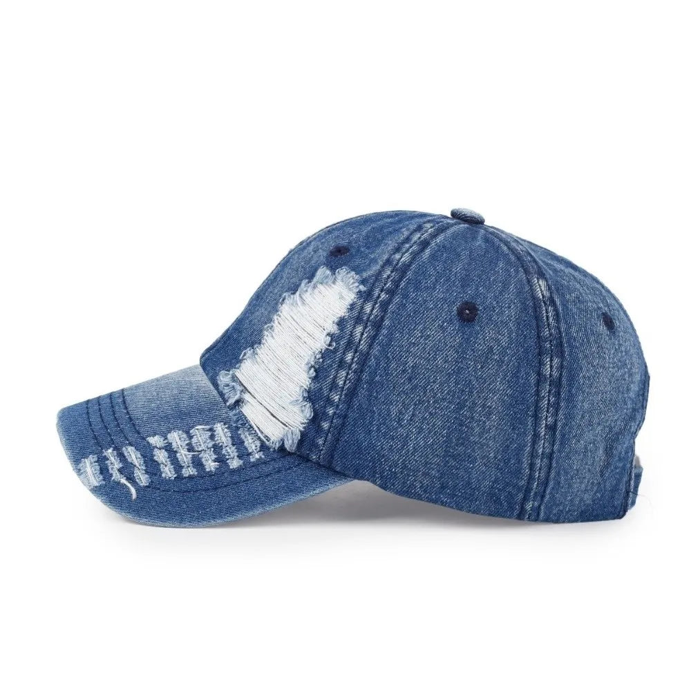 Retro Ripped Washed Denim Baseball Cap Frayed Soft Duckbill Curved Qme