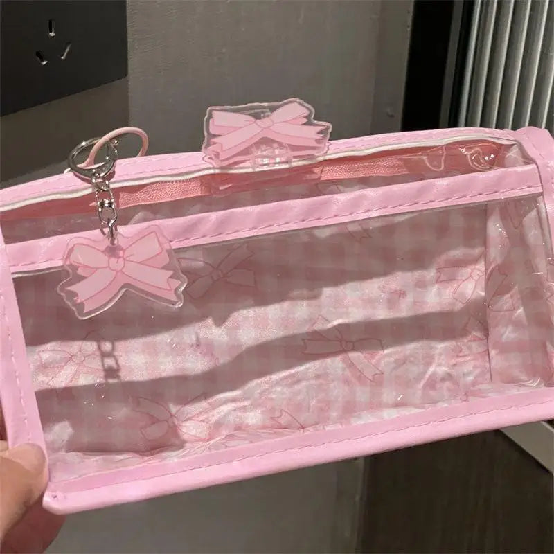 Pink Plaid Double-layer Transparent Pencil Case High-value Student Qme
