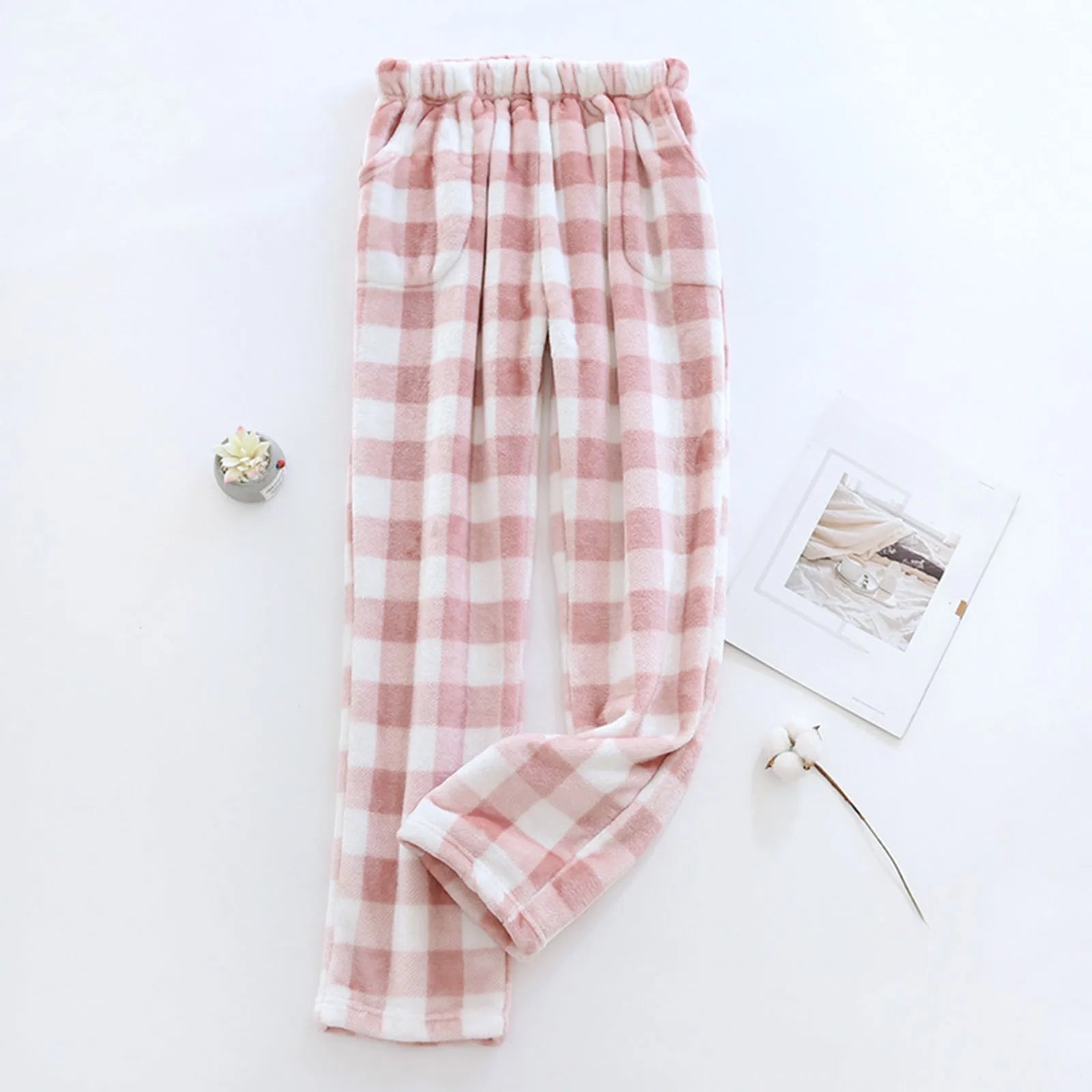 Comfortable Winter Thick Plaid Women's Flannel Pajama Pants High Waist Loose Casual Straight Big Size Fleece Warm Home Trousers Qme Pink XXL