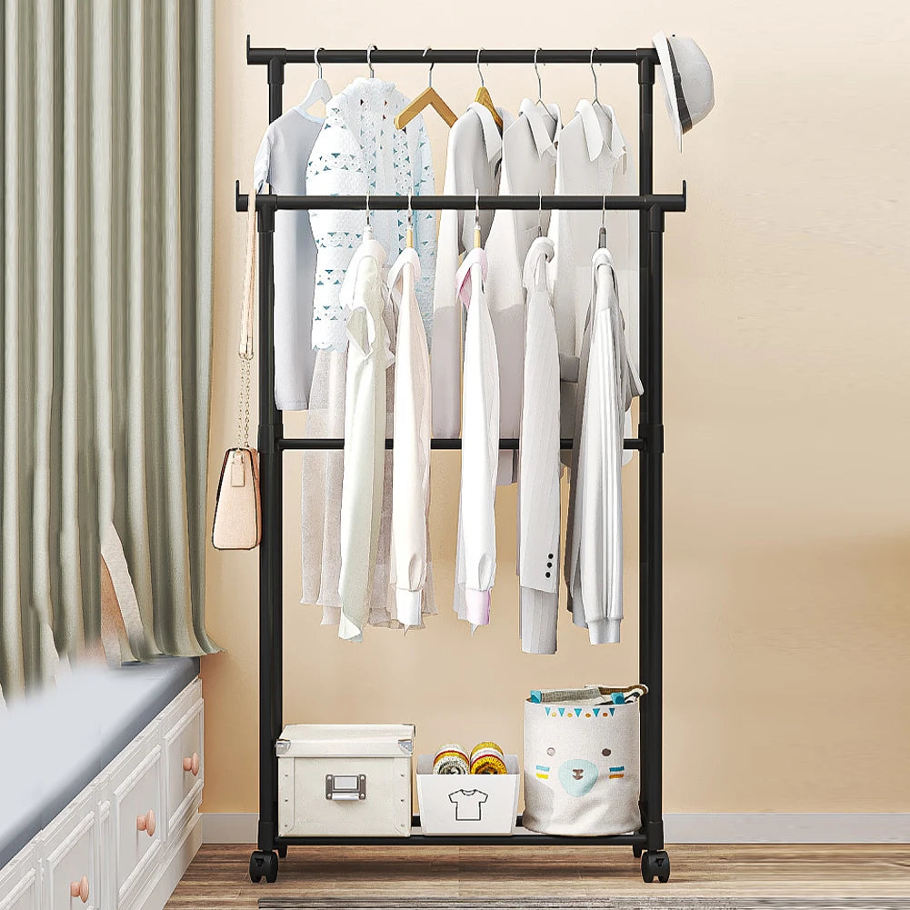Double Rods Garment Rack Portable Clothes Organizer Clothes Rack with Wheels Clothes Hanging Rack for Shirt Coat Qme