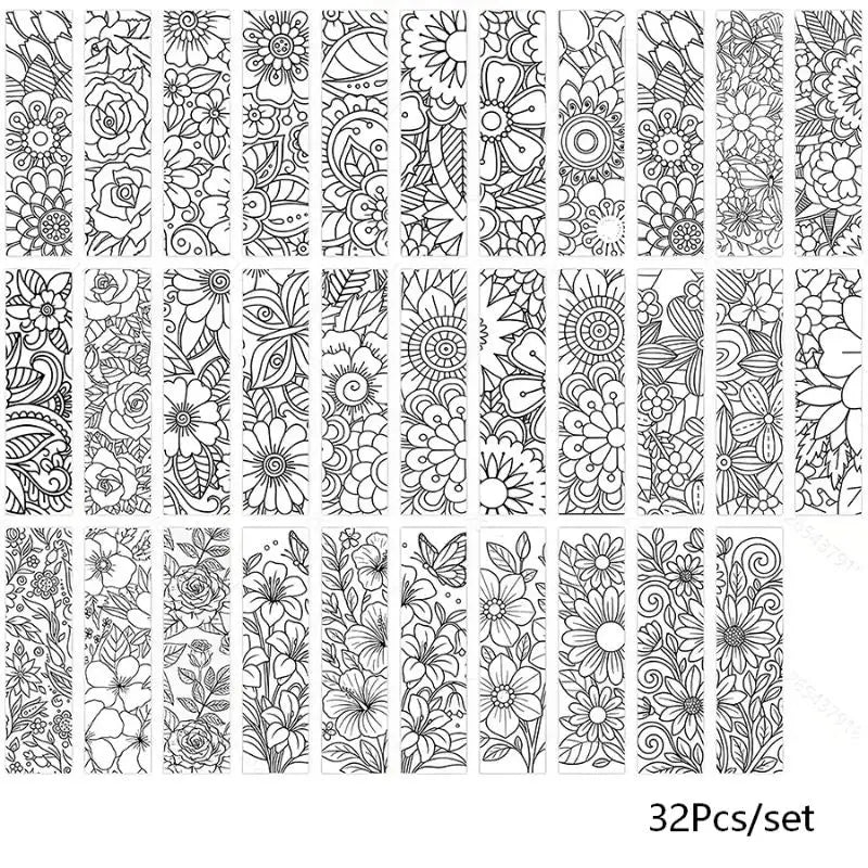 Flower Pattern Coloring Bookmarks DIY Blank Black Line Drawing Qme A2