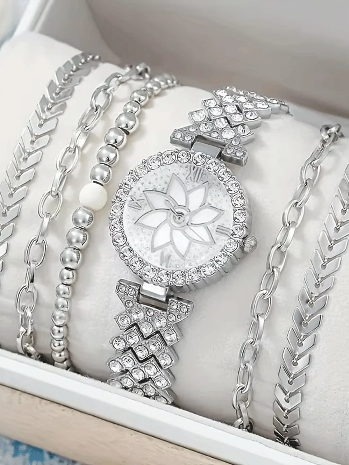 Women Silver Watch Bracelet Set, Full Rhinestone Lotus Dial Quartz Wristwatch + Multi-style Chain Stackable Bracelets JewelryKit Qme Silver No