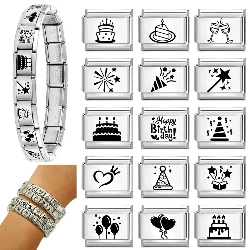 Trendy New Fashion English Words Happy Birthday Big Cake Charm Italian Links Fit 9mm Stainless Steel Bracelet DIY Making Jewelry Qme