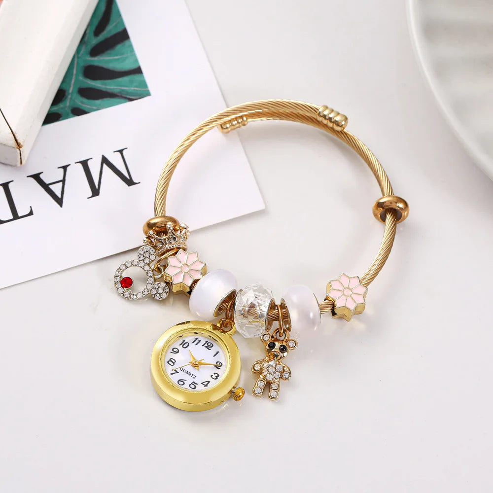 Golden Adjustable Opening Alloy Bracelet Quartz Bead Flower Pendant Couple Watch with Gift Box Qme 3