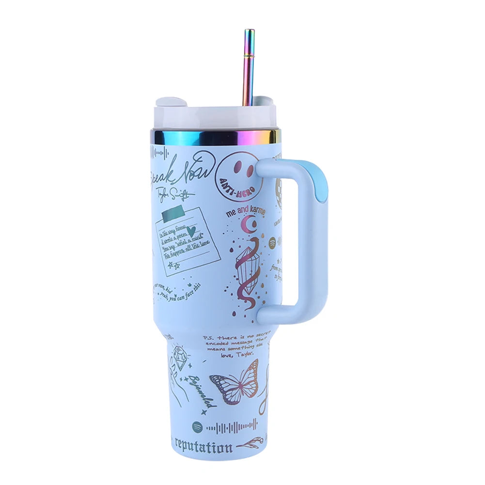 40oz Stainless Steel Insulated Water Bottle with Straw Vacuum Insulated Car Mug Thermal Iced Travel Cup for Camping Hiking Qme Blue