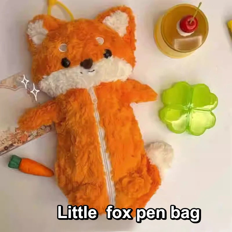 Students Cute Fox Doll Plush Pen Bag Cartoon Animal Pencil Case Large Qme