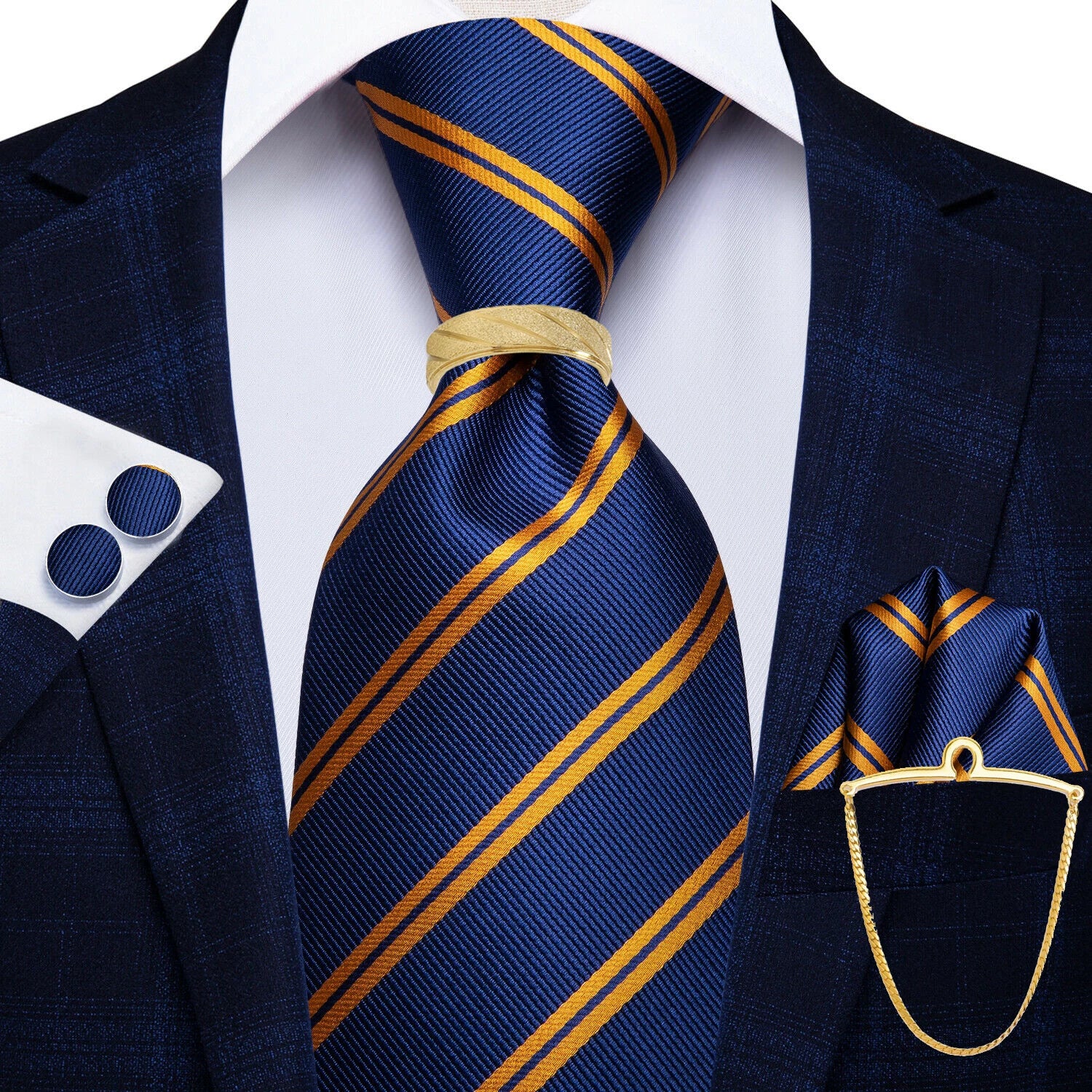 Hi-Tie 5PCS Mens Necktie With Hankie Cuffs Ring Chain-Gift Tie Set Fit Wedding Prom Office Fashion Design Quality Dropshipping Qme N-3136-DPTJ01-LZ01