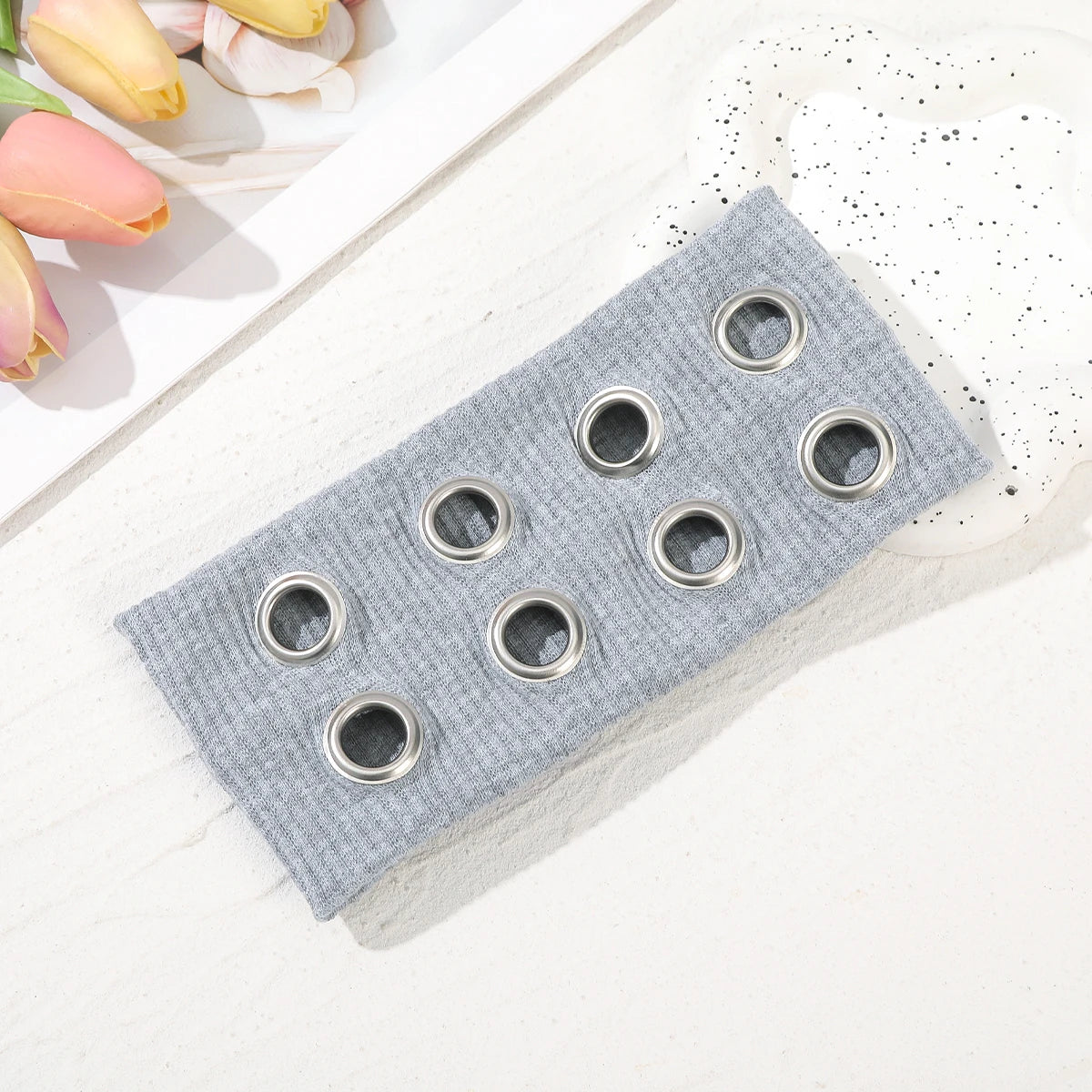 Punk Girl Fabric Hollow Elastic Headbands Metal Rock Personalized Hollow Eyelets Hair Band Casual Sports Grommet Headband Qme GREY