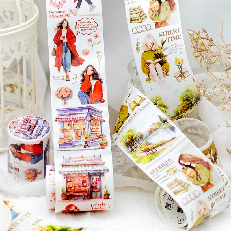 Watercolor Forest Style Girl & Park Landscape Washi Tape, Junk Journal Collage Base, Photo Album Decoration DIY Craft Supplies Qme