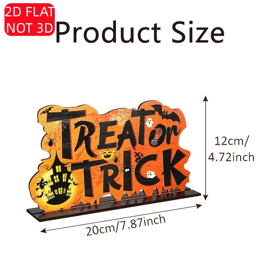 Halloween 2D flat wooden tabletop logo, "Trick or Treat" haunted house ghost bat spider and pumpkin, Halloween decoration Qme