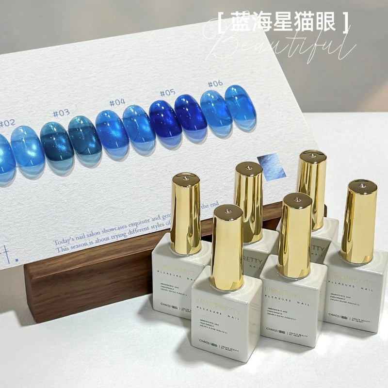 Ocean Blue Cat Eye Gel Polish, High Density Sparkle Glass Bead Magnetic Nail Art, Summer Nail Soak Off UV LED Polish Manicure Qme
