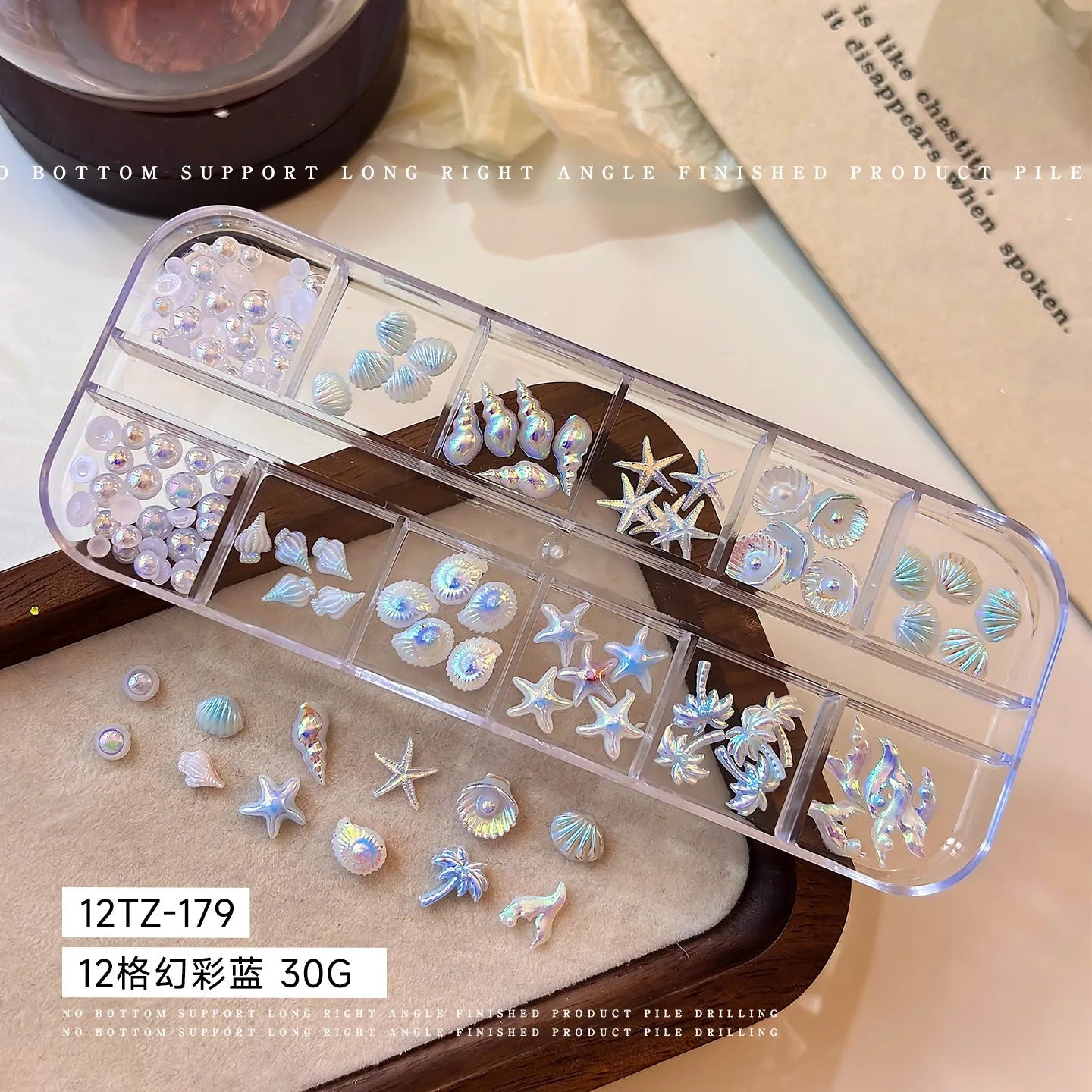 Mixed Aurora Shell Nail Charms Ocean Series Starfish Conch Coconut Tree Resin Nail Art Decorations DIY Manicure Accessories Qme C 12 Grids