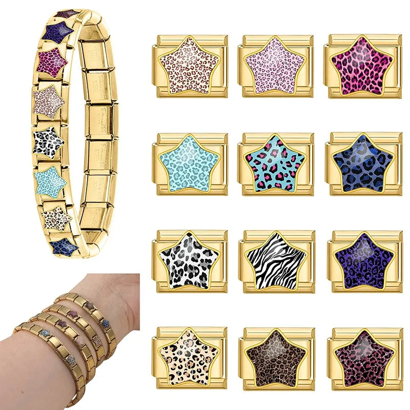2026 Colorful Blue Rose Leopard Print Stars Zebra Golden Italian Link Fit 9mm Stainless Steel Charms Jewelry DIY Bracelets Gift Qme