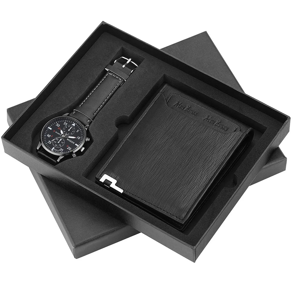 2 Pcs/Set Fashion Men Watch Wallet Gift Box Quartz Wristwatch Leather Strap Male Wallets Purse Birthday Gift for Father Husband Qme Ivory