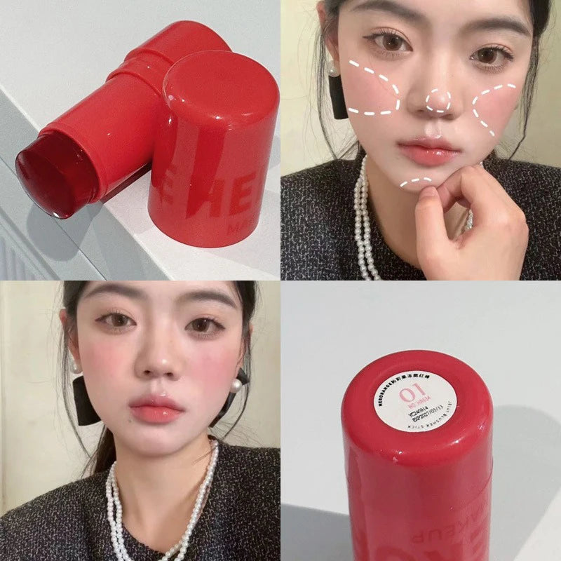 Strawberry Jelly Blush Stick Brighten Cheek Rouge Dual Use of Lips and Cheeks Blusher Waterproof Lasting Red Tint Cheek Color Qme 01