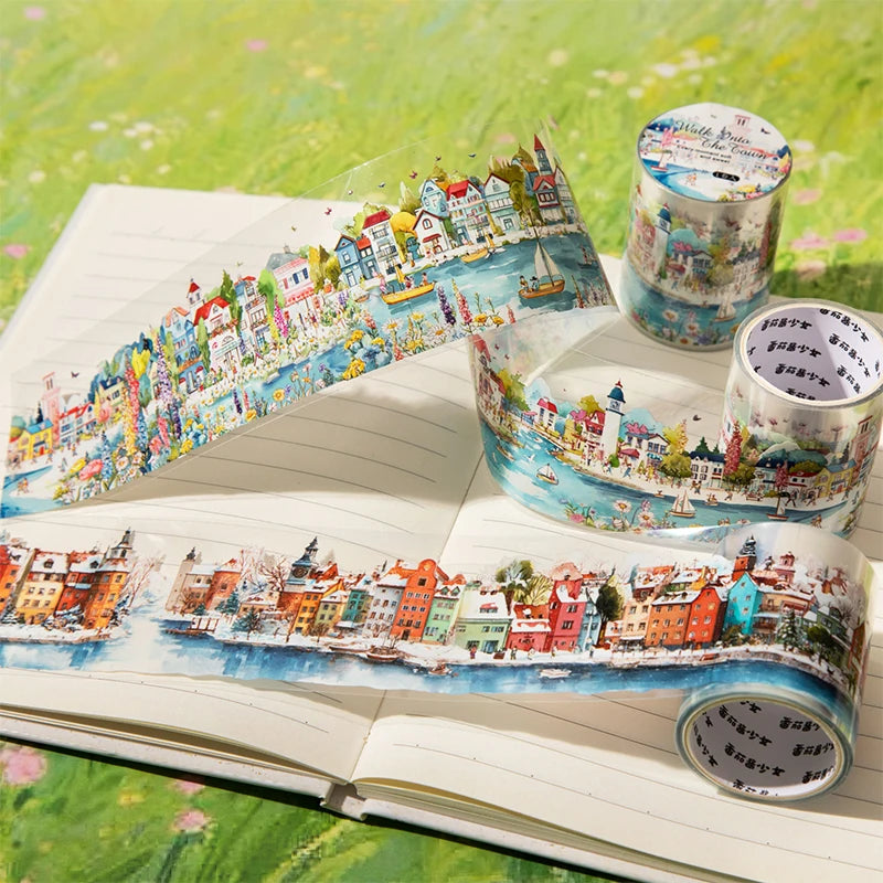 Watercolor Fairy Tale Town Washi Tape, Healing & Relaxing Creative Material, Ideal for Journal Scenery, Collage Qme