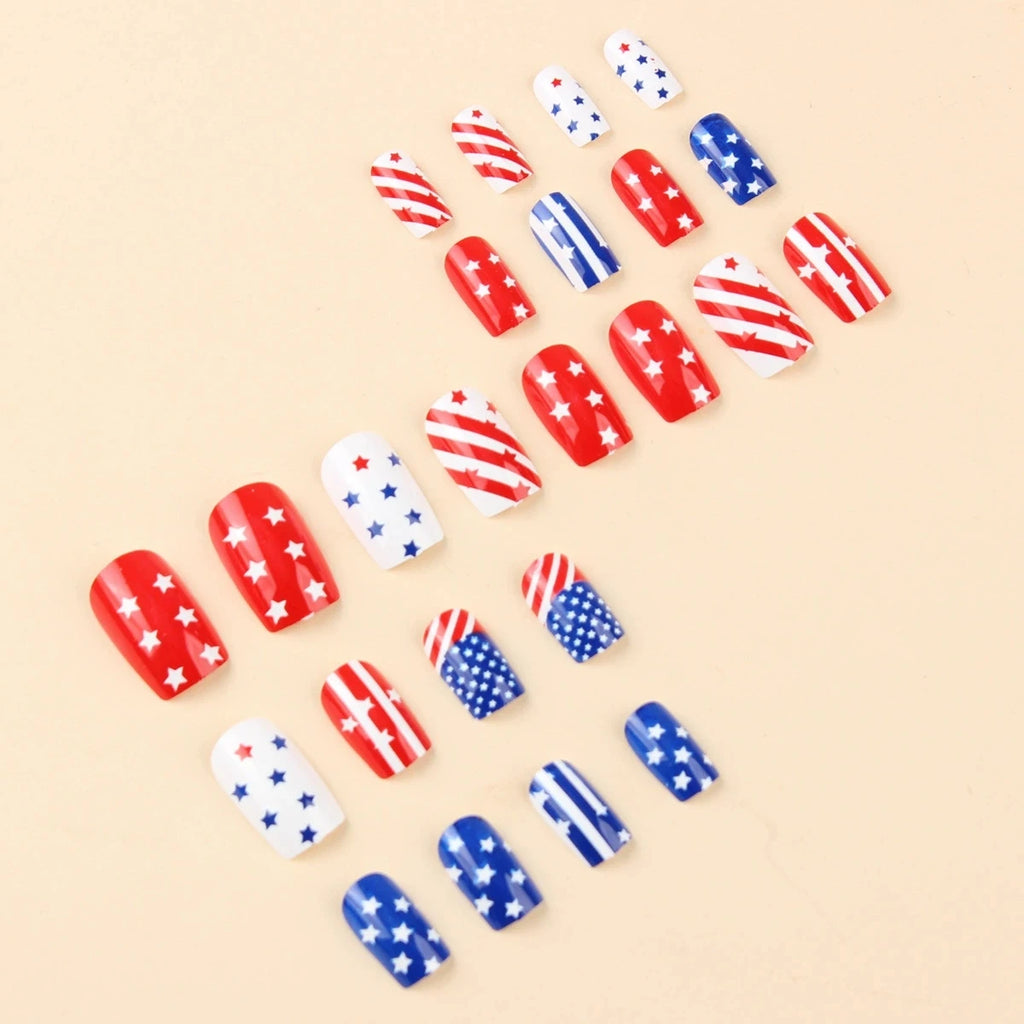 Detachable European Square False Nails Mid Long Style Red Blue Star Stripes Independence Day Wearable Nail Tips Beauty Qme
