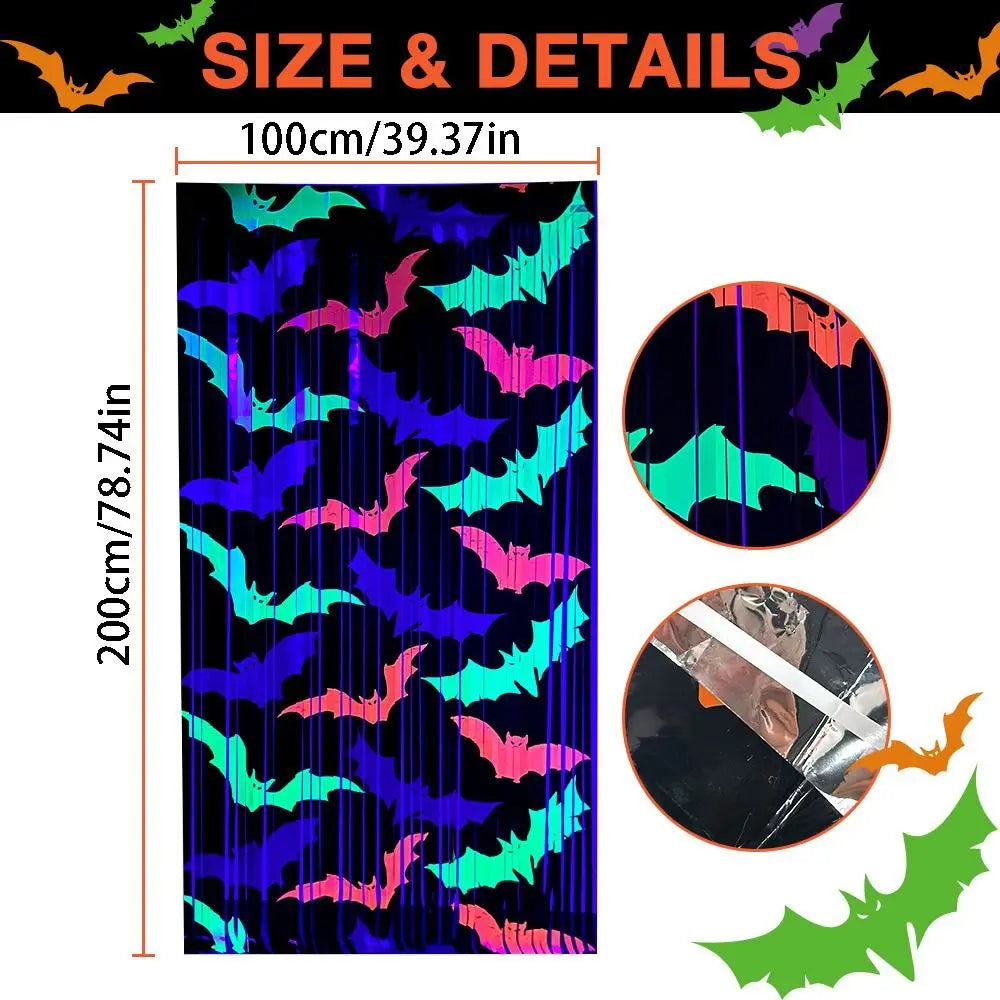 1x2M Fluorescent Tinsel Curtain Bat Pattern Cartoon Halloween Printing Curtain Sparkling Funny Door Hanging Decor Qme