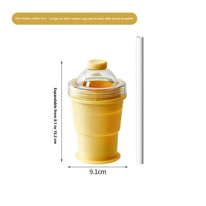 2-in-1 Silicone Ice Ball Maker Cup Foldable Leak-proof Travel Mug Qme Yellow