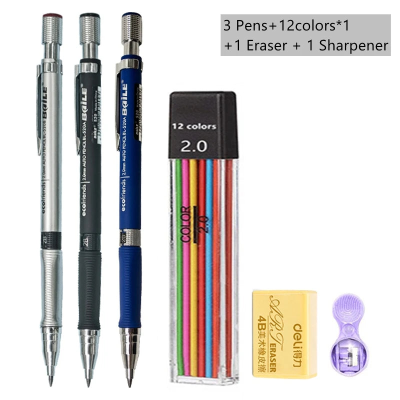 2.0mm Mechanical Pencil Set with 2B Black/Colors Lead Refill for Writing Sketching Art Drawing Painting School Automatic Pencil Qme Color Pencil set A