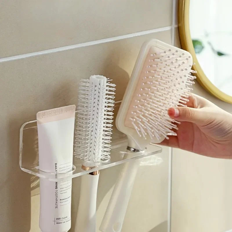 1pc Wall-Mounted Acrylic Hair Brush Holder – Clear Plastic Bathroom Organizer | No-Drill Vanity Storage Rack | Holds Combs Qme