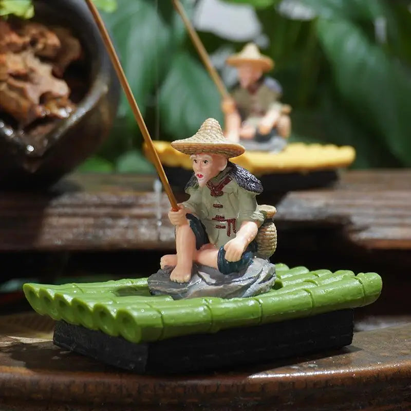 Outdoor Decoration Bamboo Raft Fisherman Figurine Elderly PVC Statue Qme