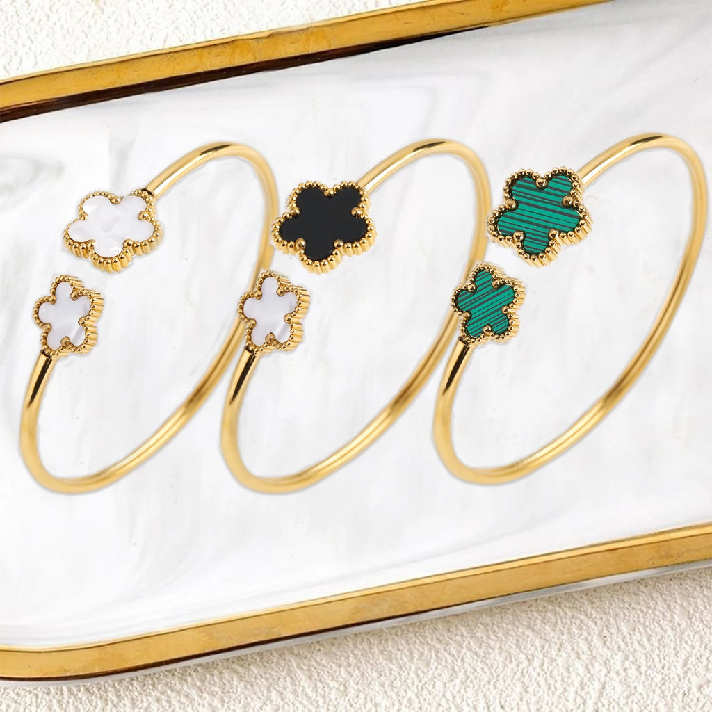 Fashion Stainless Steel Five Leaf Flower Open Bangle Bright Anti Allergy Waterproof Charm Texture High Quality Jewelry Clover Qme