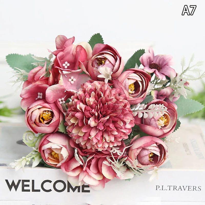 Artificial 1PC Flowers Wedding Home Bedroom Decoration Bridal Bouquet Garden Fake Silk Roses Hydrangeas Vase For Board Outdoors Qme style 13