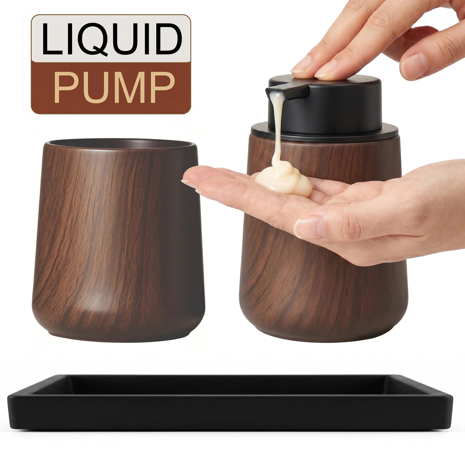 Cotton Lotion Hand Toothpaste Brush Storage Countertop Accessories Walnut Foam Soap Dispenser Bottle Set for Kitchen Bathroom Qme LIQUID-SET C