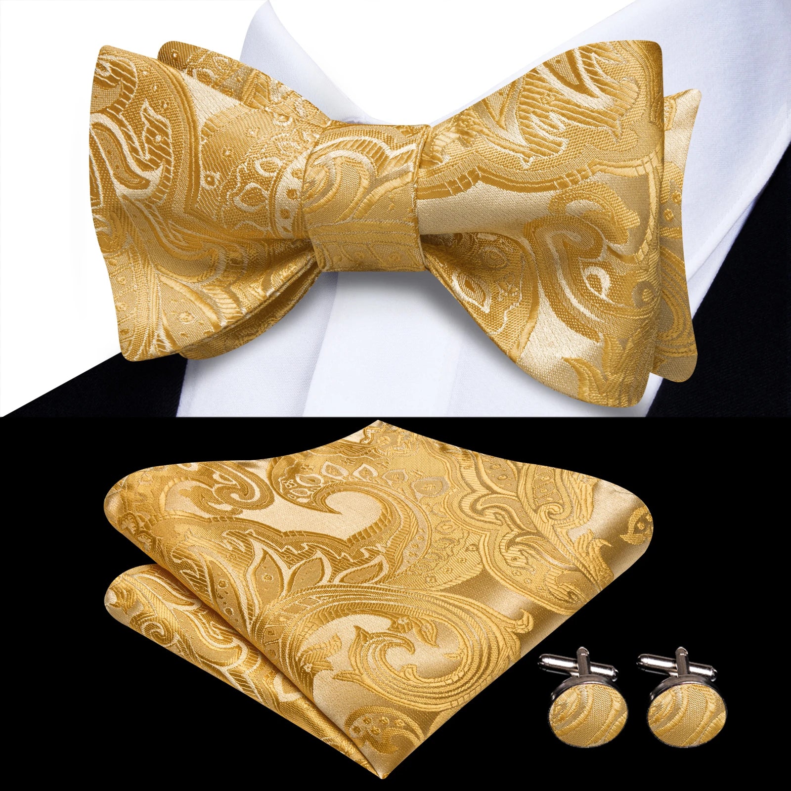 Pink Orange Sky Blue Hi-Tie Mens Bow Tie Pocket Square Cufflinks Set Self-tied Butterfly Knot Bowtie for Wedding Business Gift Qme HT-LH-2290