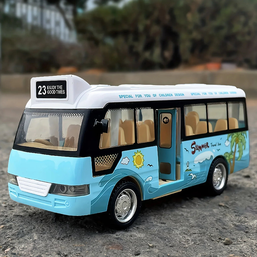 City Bus Toys Cars Die-Cast Plastic Airport Cars For Boys Girls, Pull Back Play Vehicle With Sound, Light Up & Open-able Doors Qme