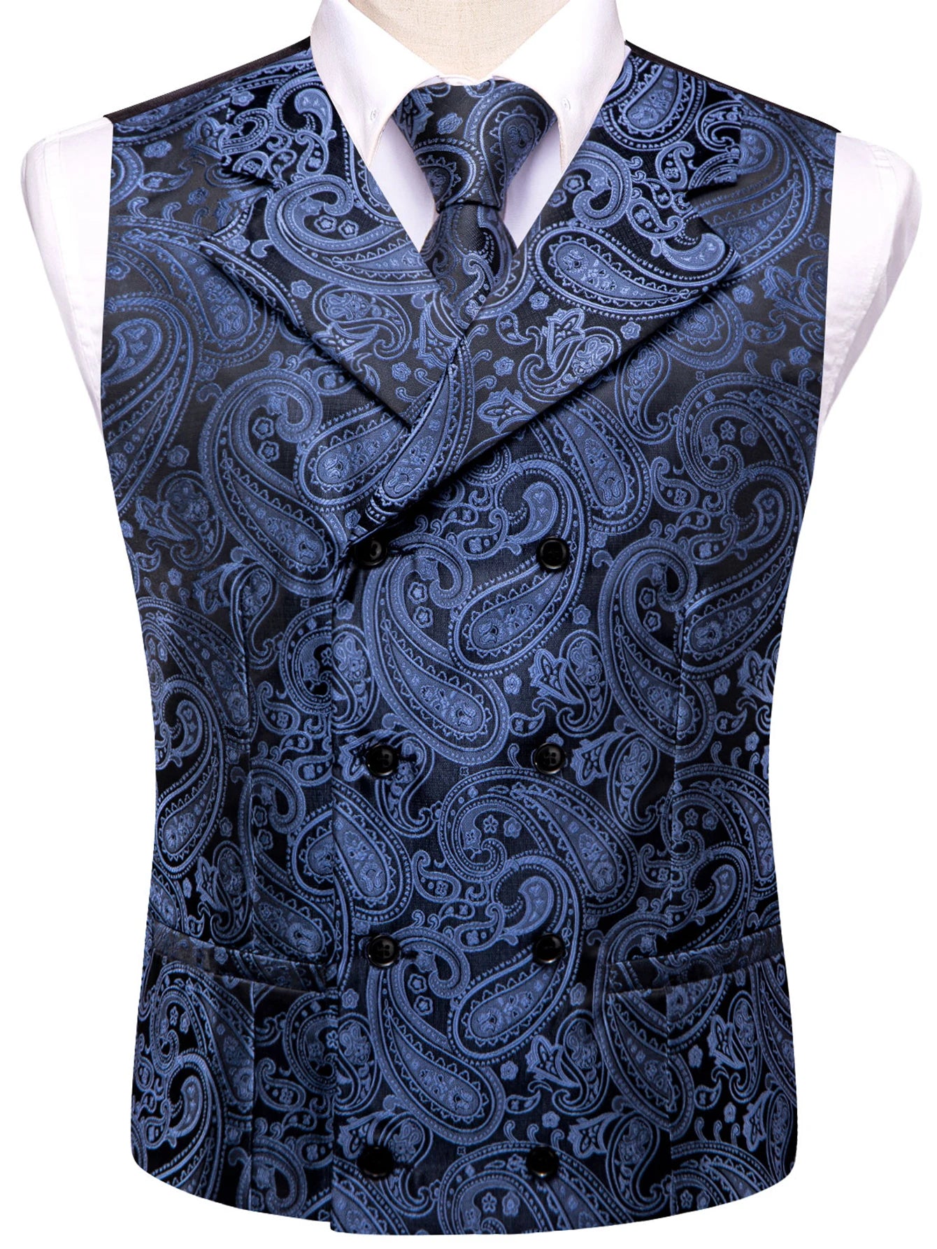 Men's Golden Paisley Vest Tie Hanky Cufflinks Luxury Tops Weddings Qme