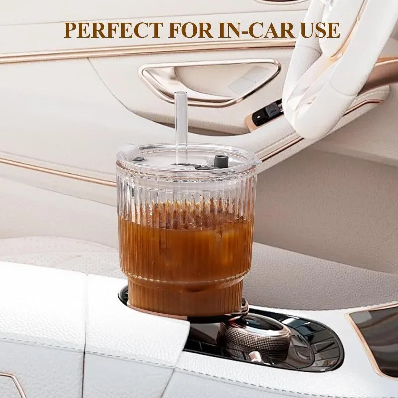 400/600ML Striped Glass Coffee Cup Transparent Drinking Cup with Lid and Straw Large Capacity Juice Iced Coffee Cup Drinking Cup Qme