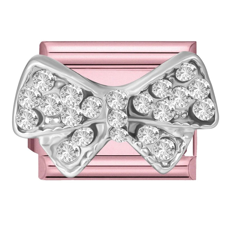 2025 New Sweet Zircon Bright Flowers Heart Bows Pink DIY Making Bracelet Women Men Stainless Steel 9mm Italian Charm Links Fit Qme Style 27