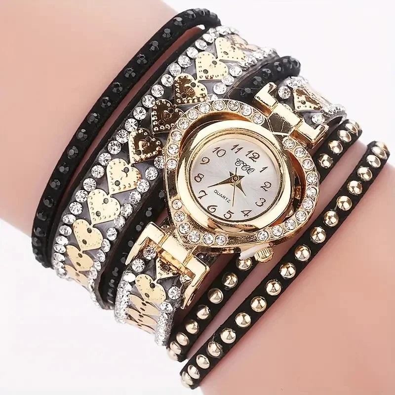 2026 Casual Fashion Korean Faux Fur Embellished Diamond Heart Watch Dial Bezel Bracelet Wristband for Women with Long Strap Qme