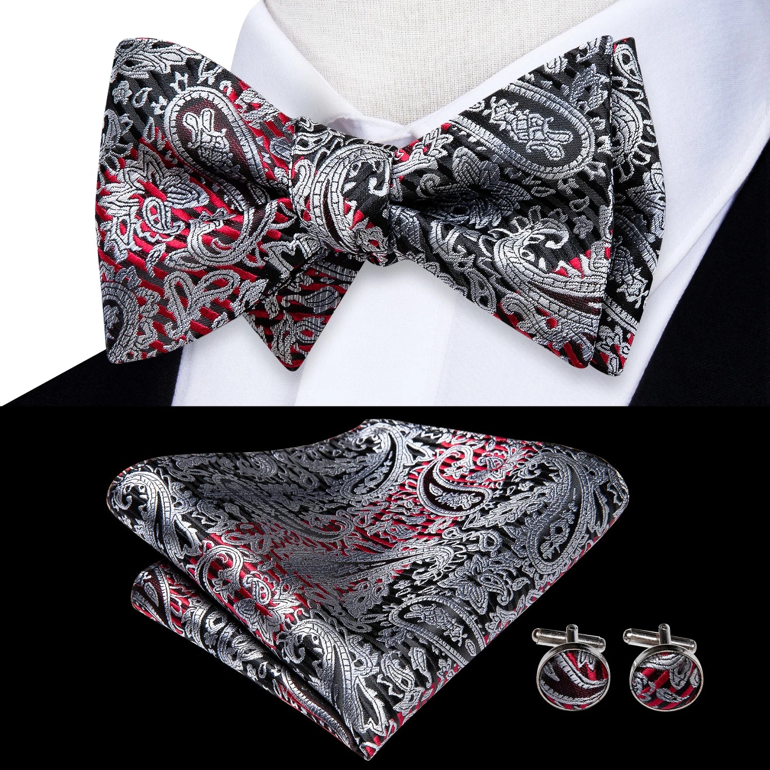 Hi-tie Silk Mens Self Bow Tie Hanky Cufflinks Blue Red Gold Black