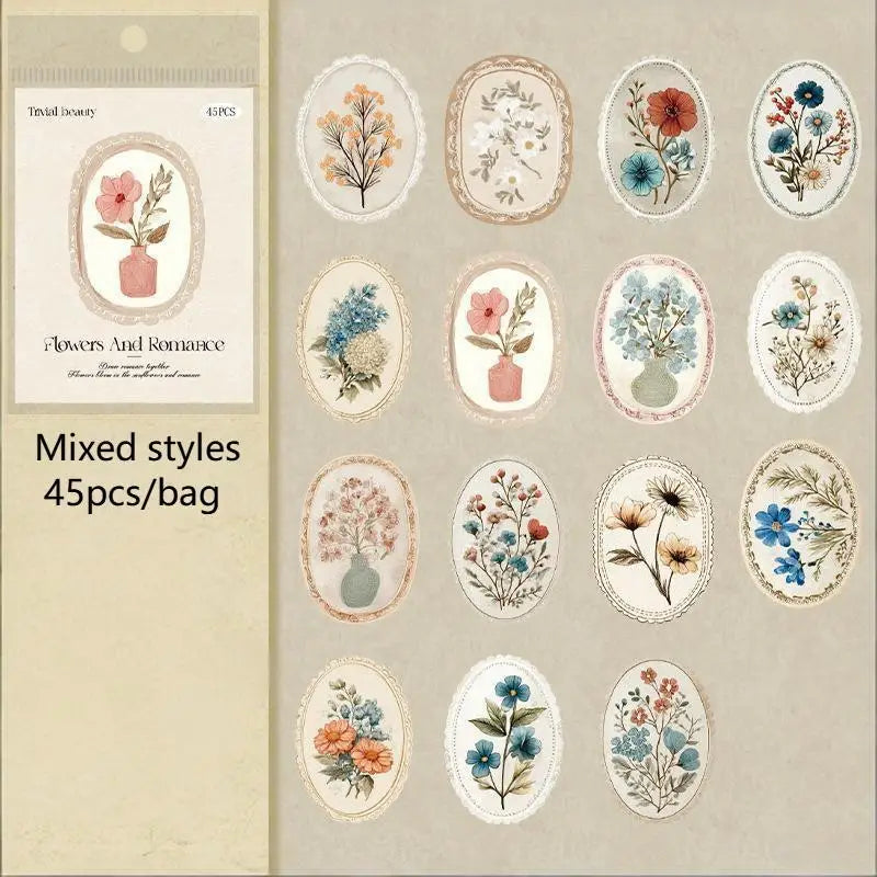 45pcs Serene Florals Sticker Pack - Boxed Flower Theme Collection, DIY Journal Collage Decor Set, Literary Stationery Qme A6