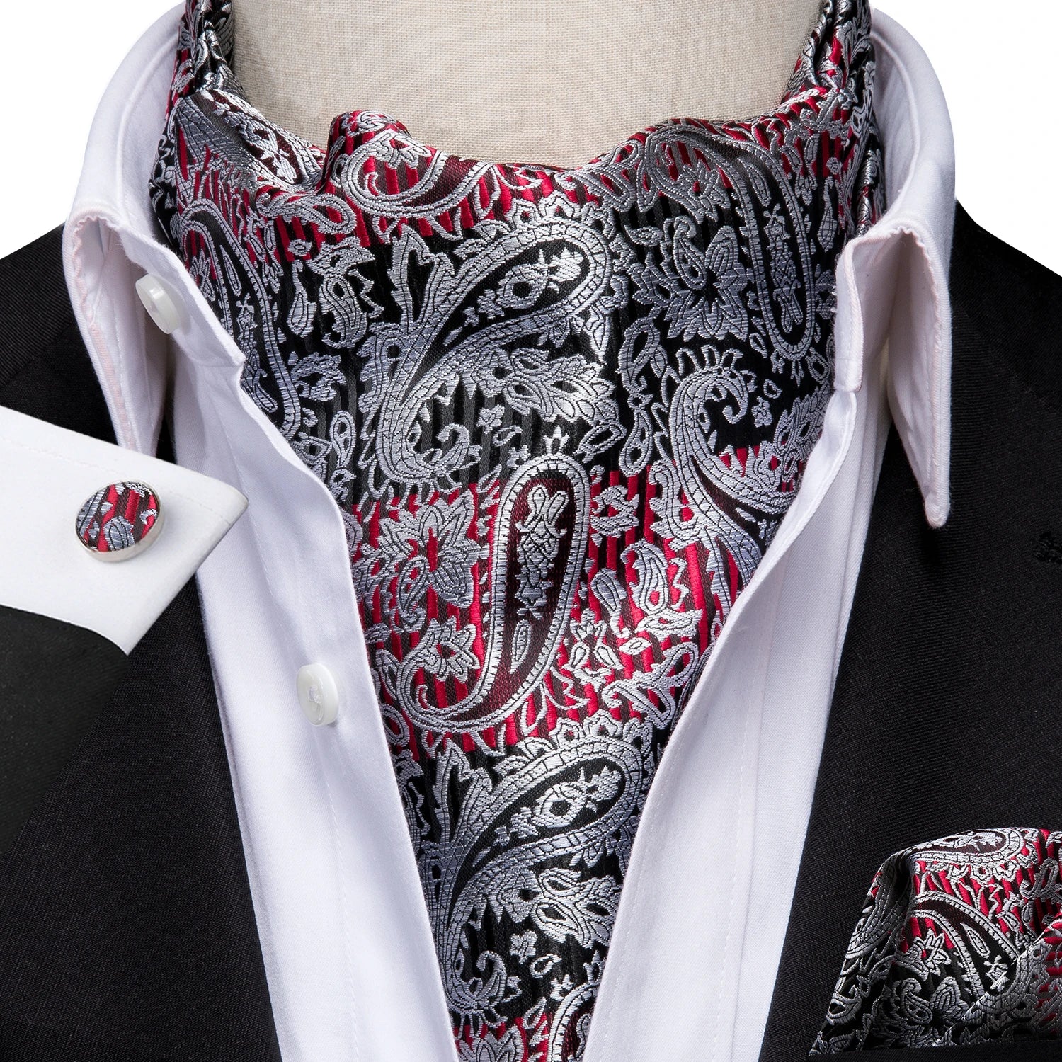 Hi-Tie Silk Mens Ascot Pocket Square Cufflinks Set Jacquard Paisley Floral Vintage Cravat Tie for Male Red Blue Green Gold Pink Qme AS-1003
