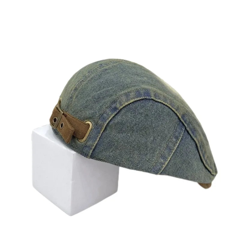 Retro Washed Denim Beret Casual Turnback Cap Big Heads Face-slimming Qme