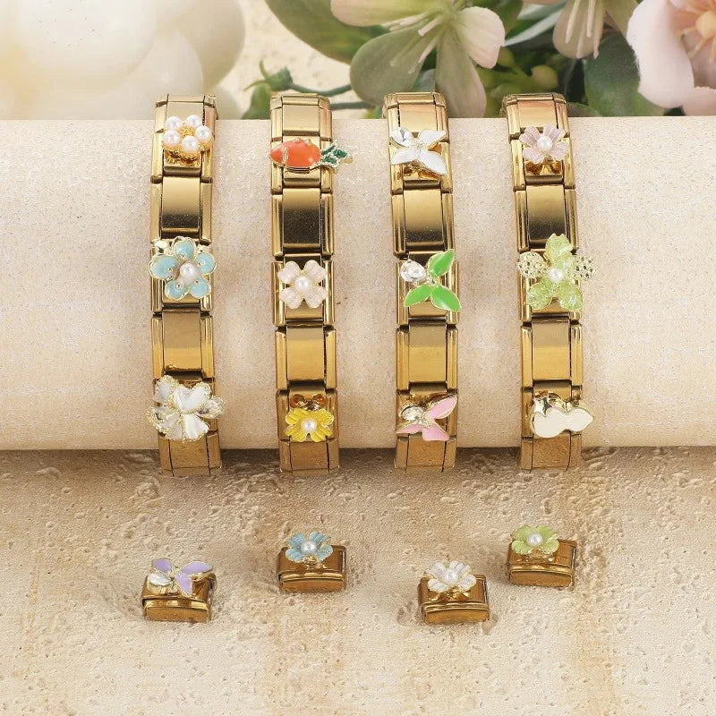 2026 Fashion Vintage Golden Pearl Flowers Gourd Shiny CZ Butterfly Italian Charms Fit 9mm Stainless Steel Bracelet Jewelry Gift Qme